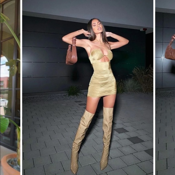 Olive slinky cross strap ruched mini dress - Picture 8 of 8